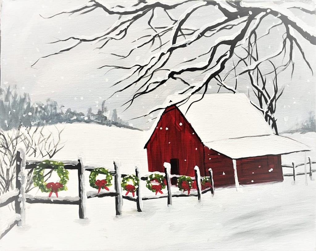 Red Barn in Snowy Field with Christmas Wreaths