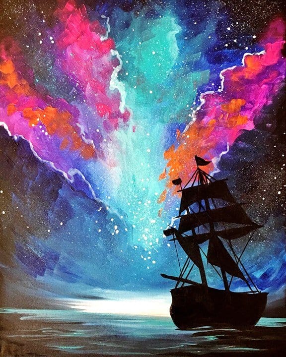 A stunning galaxy painting with a mysterious ship.