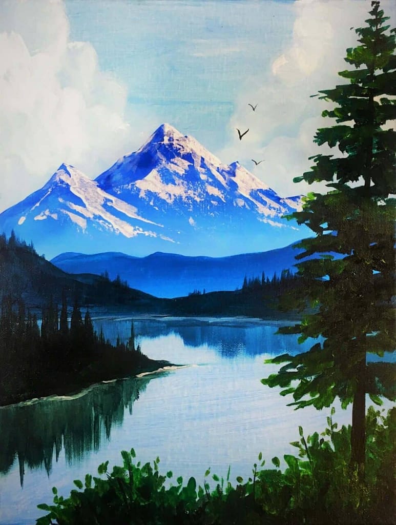 A snow covered mountain and stunning lake view. A perfect piece for a fun and creative paint night.