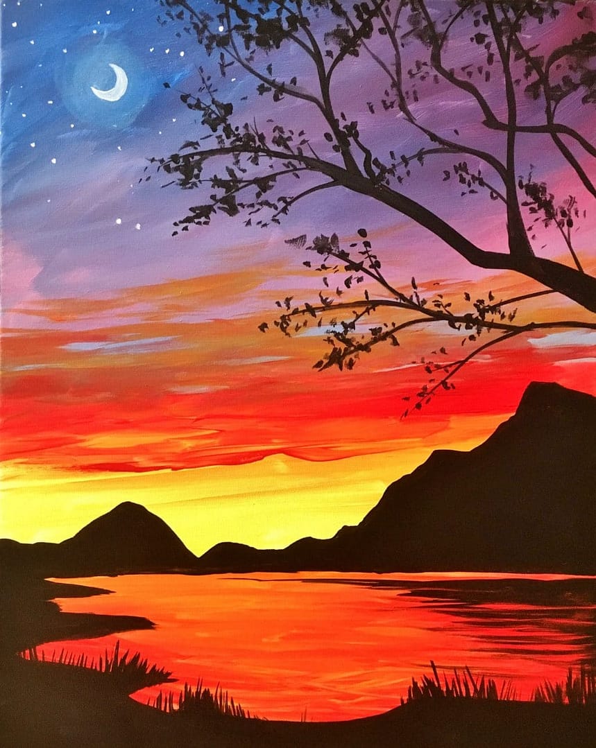 A peaceful sunset painting. This wine and paint class is perfect for beginners.